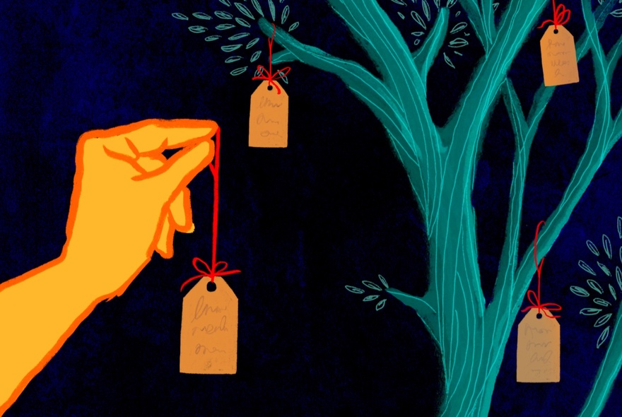 Drawing of an orange hand holding a paper tag by a red string next to a teal tree with other hanging tags on a dark background.