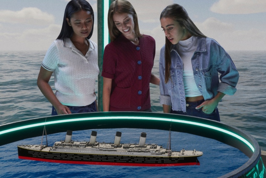 Three young women looking at a model of the Titanic in a small pool, water visible behind them. 