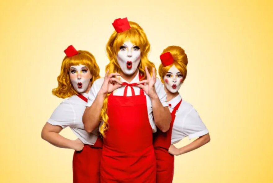 Three performers in drag, wearing red aprons and hats, with white face makeup and open mouths, posing against a yellow background.