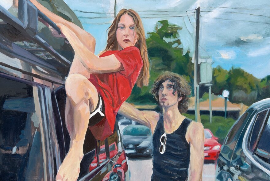Painting of two individuals in a parking lot setting. A woman in a red top is perched on the roof of a vehicle, while a man stands nearby looking toward her.