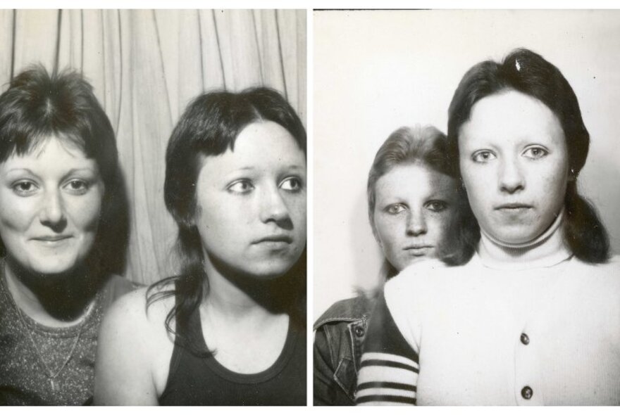 Two black and white photobooth portraits from the 1970s, both featuring two women with '70s hairstyles and clothing.