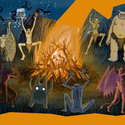 A graphic illustration depicting a night time gathering of mythical, demonic creatures around a roaring central bonfire.