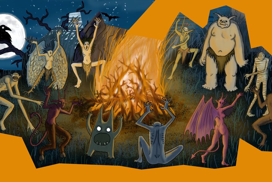 A graphic illustration depicting a night time gathering of mythical, demonic creatures around a roaring central bonfire.