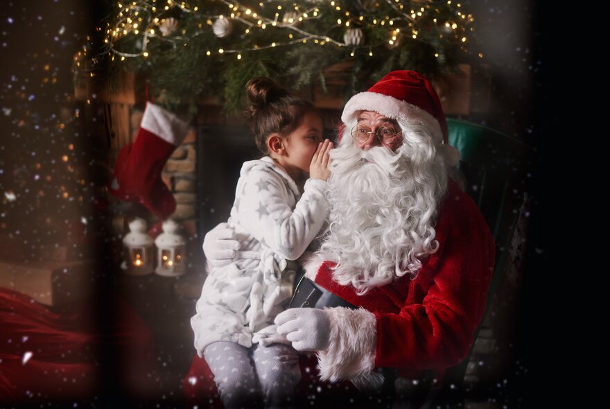A child sitting on Santa's knee and whispering into his ear, as seen through a window pane.