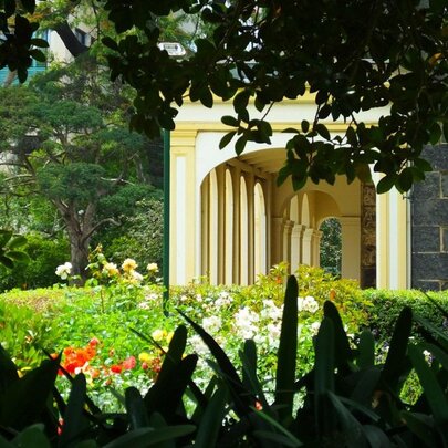 Garden glimpse framed by dark foliage, looking onto rosebeds and stucco portico on bluestone building.