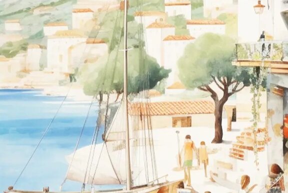 An oil painting of an Italian Riviera in summer.
