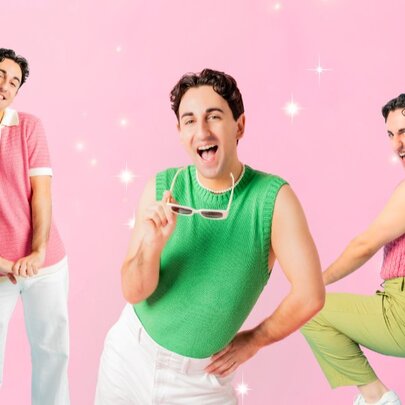 A man in three different exaggerated poses against a pink, starry background. 