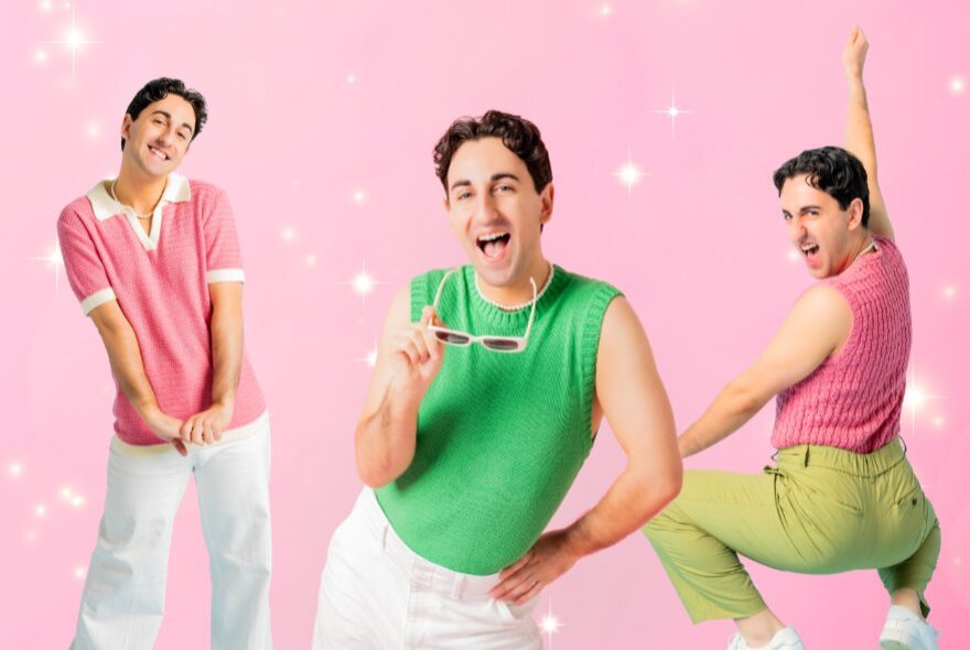 A man in three different exaggerated poses against a pink, starry background. 