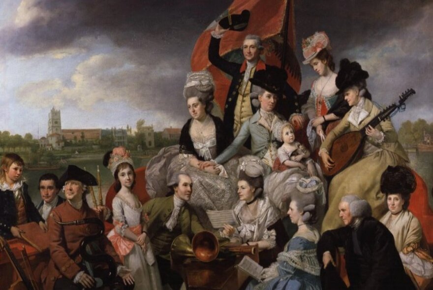 A 'conversation piece' 18th century oil painting of a group of well-to-do people enjoying typical pasttimes of the era, by Bohemian artist, Johann Zoffany.