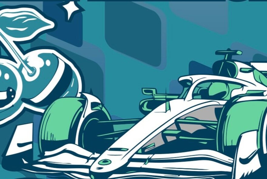Stylised illustration of a Formula 1 racing car in shades of green, cyan and white.