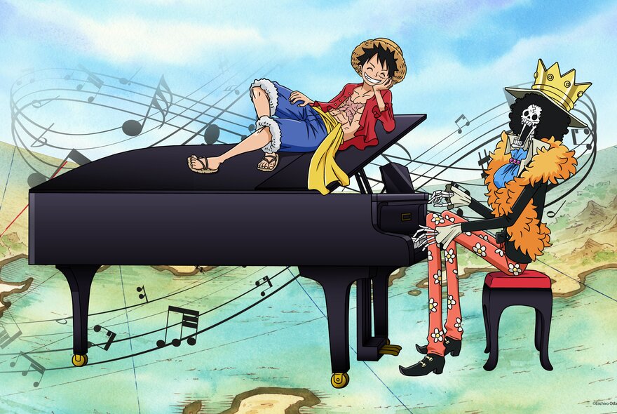 Cartoon drawing of a figure playing the piano, while another figure lounges on top of the piano.