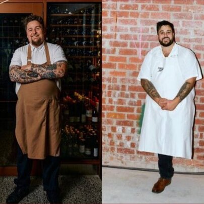 Two chefs smiling, both wearing aprons, leaning up against walls in two different locations.