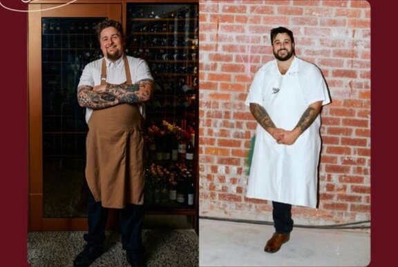 Two chefs smiling, both wearing aprons, leaning up against walls in two different locations.