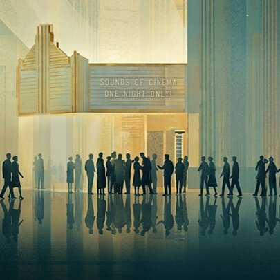 Many silhouettes of people on a a stage with a  stage backdrop of buildings in yellow and green tones. 