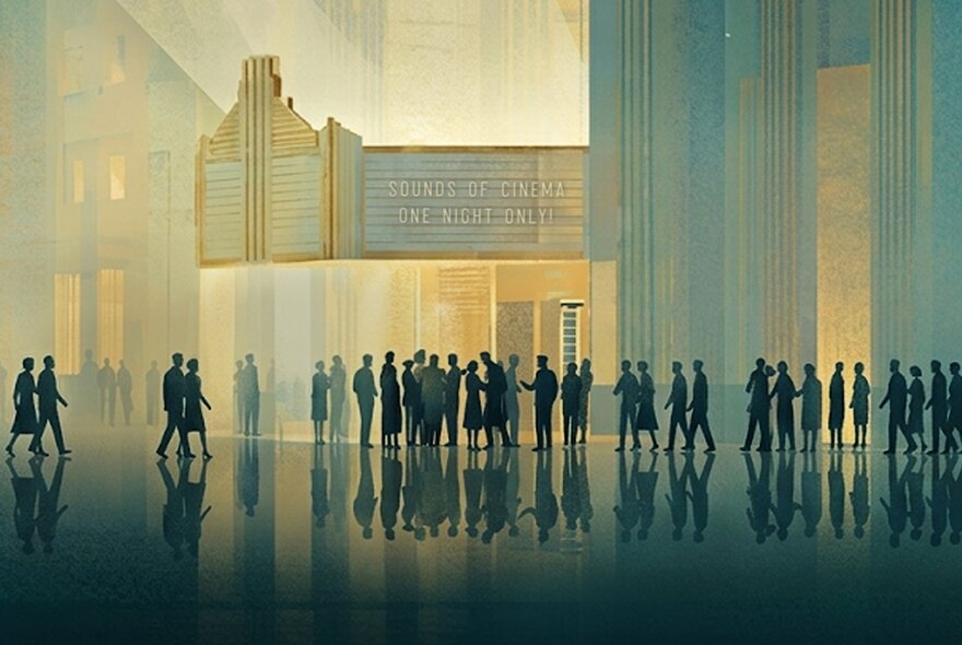 Many silhouettes of people on a a stage with a  stage backdrop of buildings in yellow and green tones. 