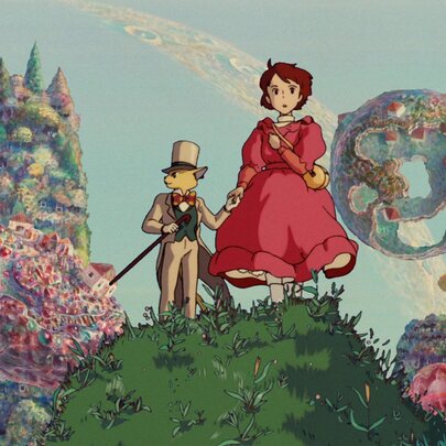 A still from a Japanese Anime movie for kids showing a young girl in a red dress standing on top of a grassy hill, wth a cat in a top hat and tails standing behind her.