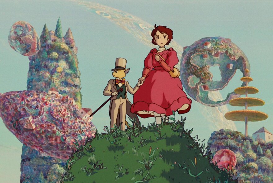 A still from a Japanese Anime movie for kids showing a young girl in a red dress standing on top of a grassy hill, wth a cat in a top hat and tails standing behind her.