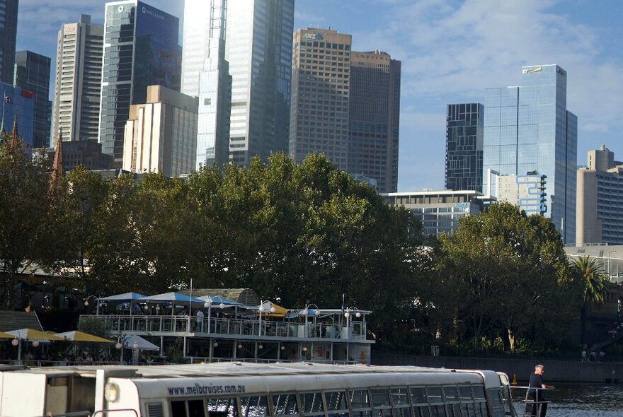 View of Melbourne CBD buildings on a Yarra cruise. 