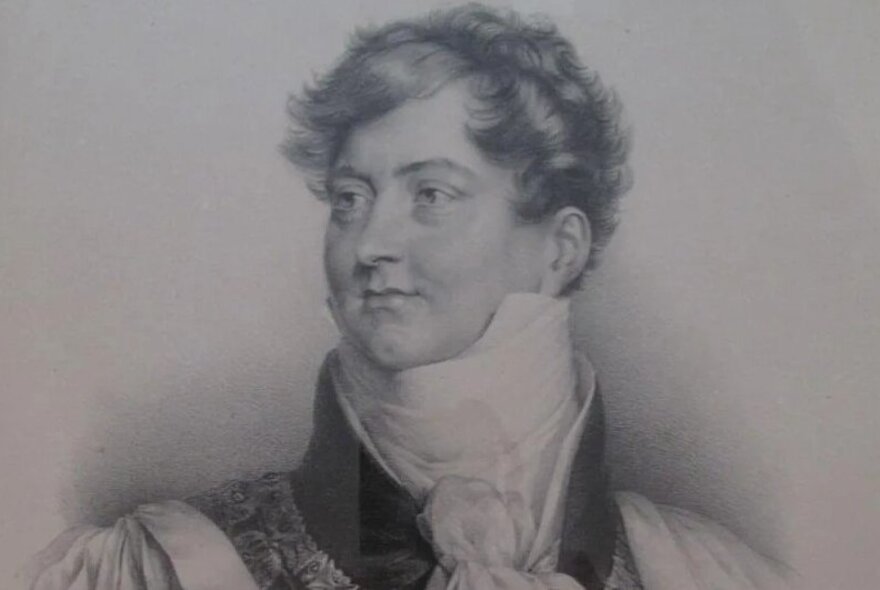 A fine portrait of King George IV as a young man, wearing a high stiffened cravat and high collar.