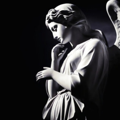 Dramatic black-and-white profile of the famous neo-classical marble sculpture known as the Monteverde Angel.