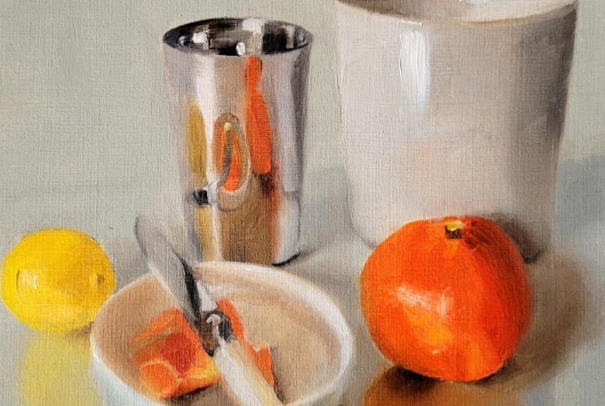 Still life painting with a mandarin, a lemon, a knife, a metal cup and white vase.