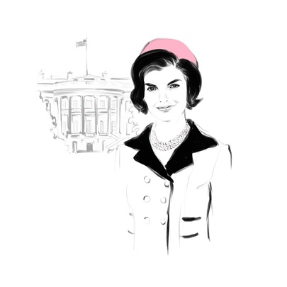 An elegant line drawing of Jackie Kennedy Onassis in a 1950s style jacket and hat, a building behind her.