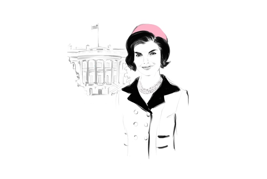 An elegant line drawing of Jackie Kennedy Onassis in a 1950s style jacket and hat, a building behind her.