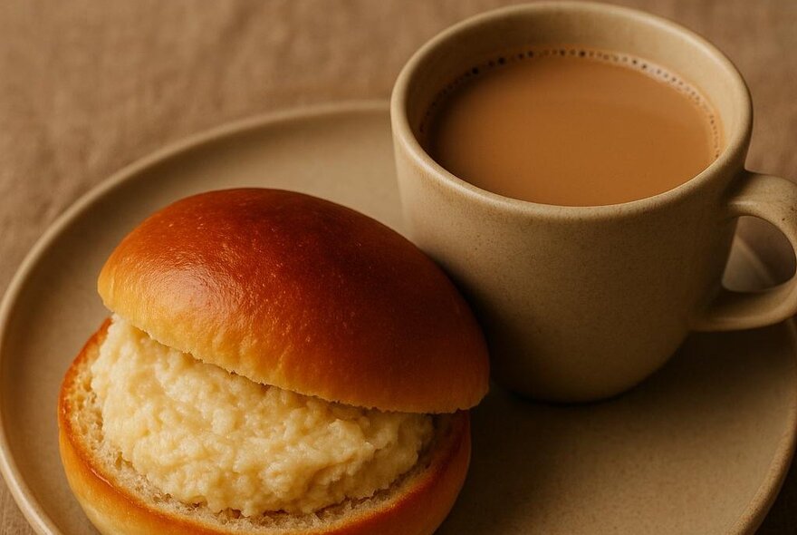 Authentic South Indian idli on a brioche bun next to a chai tea.