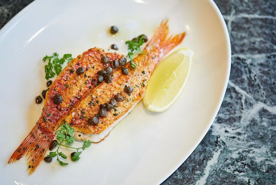 Fish dish on a white plate with a slice of lemon.