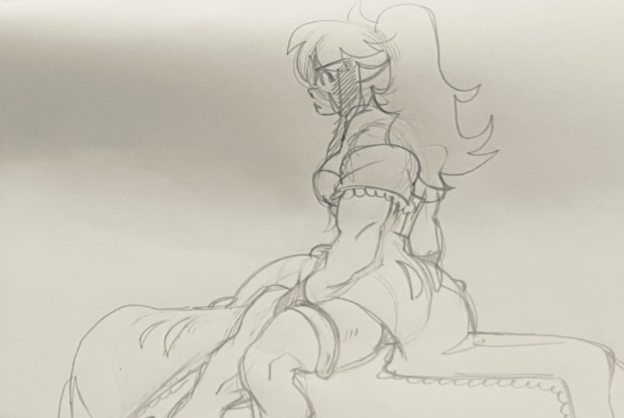 A charcoal sketch of the profile of a seated cartoonish woman with high ponytail and a flowy dress. 