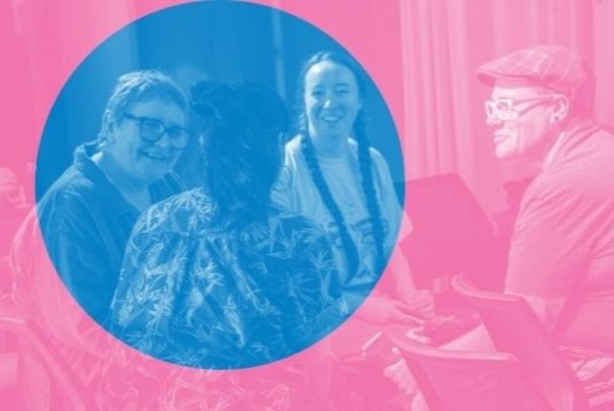 Four people smiling and talking to each other, seated in armchairs; the image is two-toned, with a blue circle over a pink filter.
