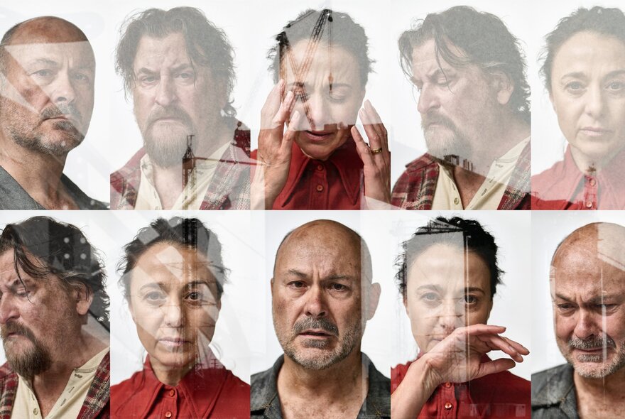A composite image featuring the faces of three actors, Steve Bastoni, Lachy Hulme, and Daniela Farinacci, in a promotional image for a production of MTC's play West Gate.