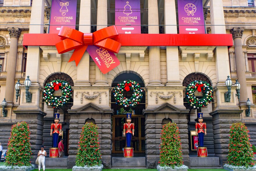 Melbourne Town Hall Christmas decorations with ribbon tie, wreaths and soldiers.