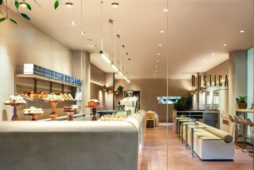 Cakes on display inside Rustica's cafe in Melbourne Central. 