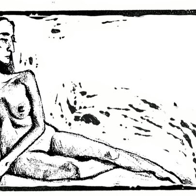 A black and white ink drawing of a seated nude human figure, from a life drawing session.