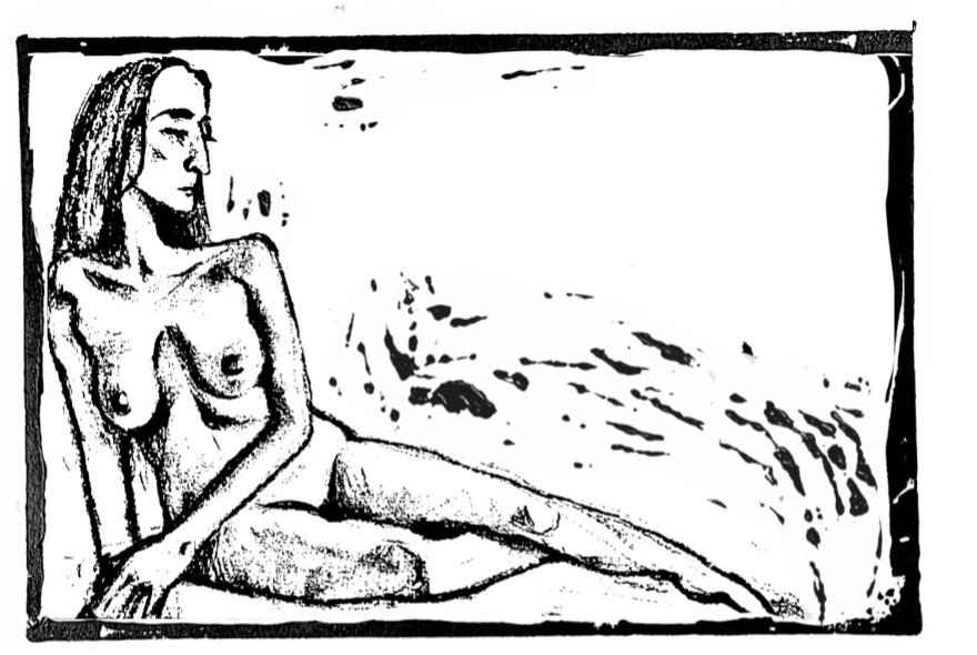 A black and white ink drawing of a seated nude human figure, from a life drawing session.