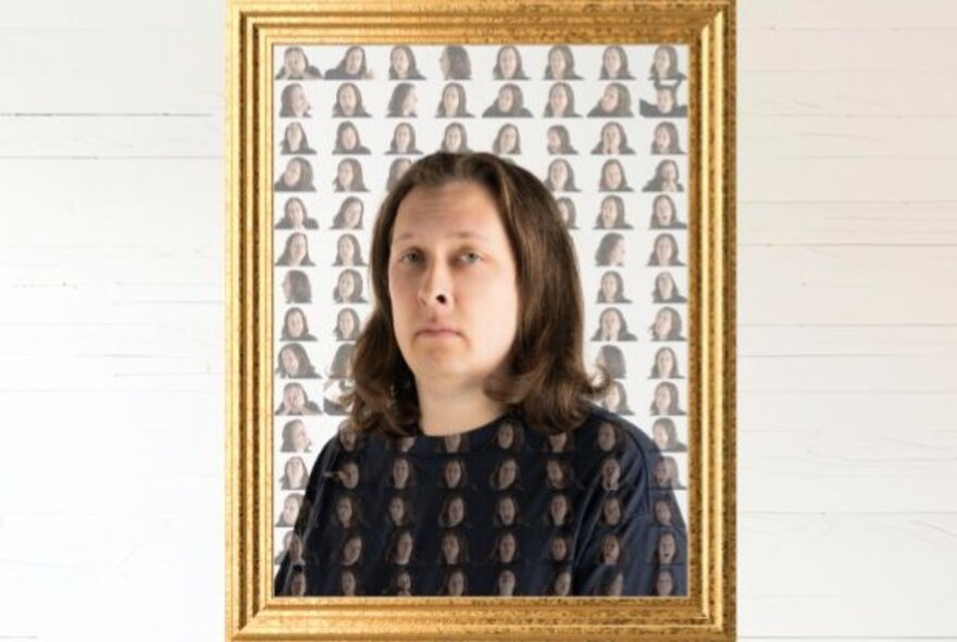 A gold framed portrait of a man with shoulder length brown hair, surrounded by many mini images of his face with different expressions.