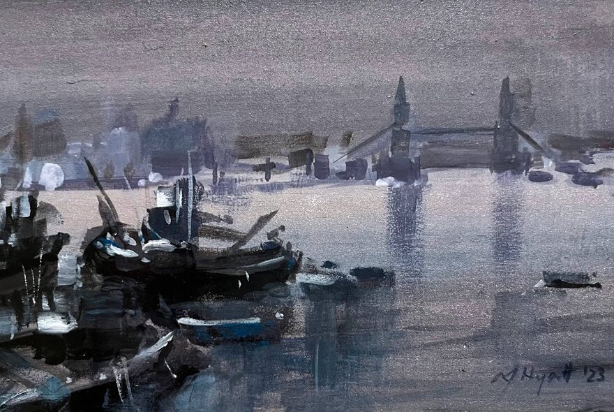 Impressionistic painting of London's Tower Bridge and boats on the Thames in grey light.