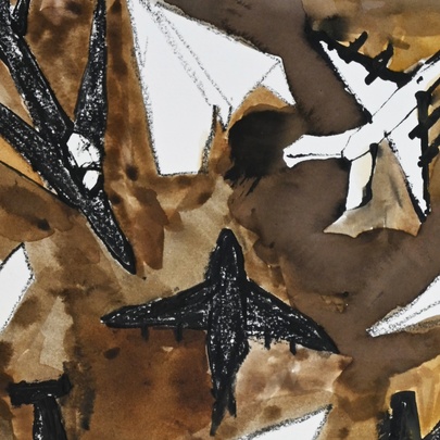 A painting in white, brown and black showing jet planes and paper planes.