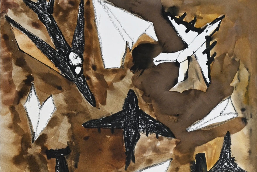 A painting in white, brown and black showing jet planes and paper planes.