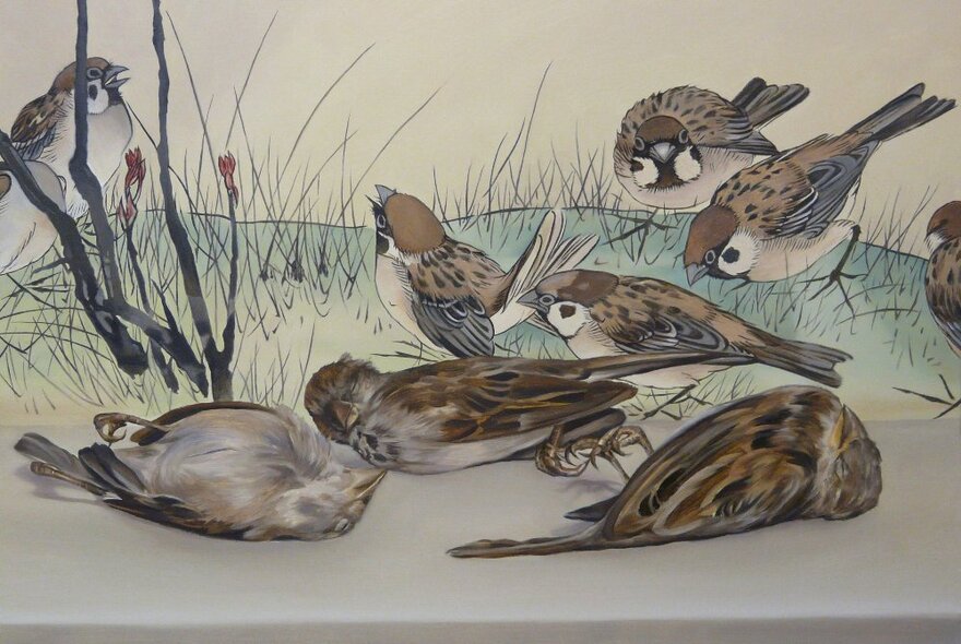 Artwork of sparrows surrounding three sleeping or dead birds.