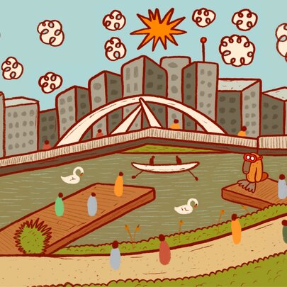 A simplistic coloured drawing of Birrarung with the city buildings on one side and piers and paths on the other. 