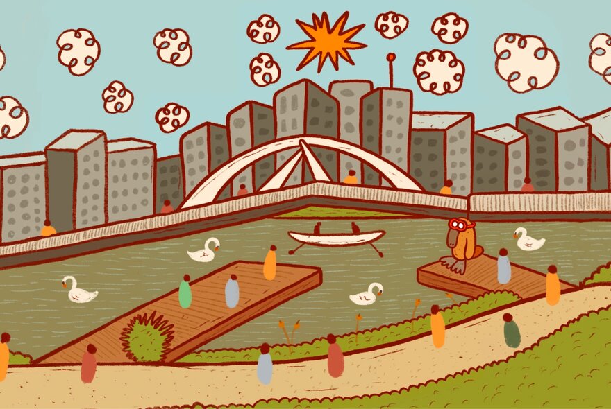 A simplistic coloured drawing of Birrarung with the city buildings on one side and piers and paths on the other. 