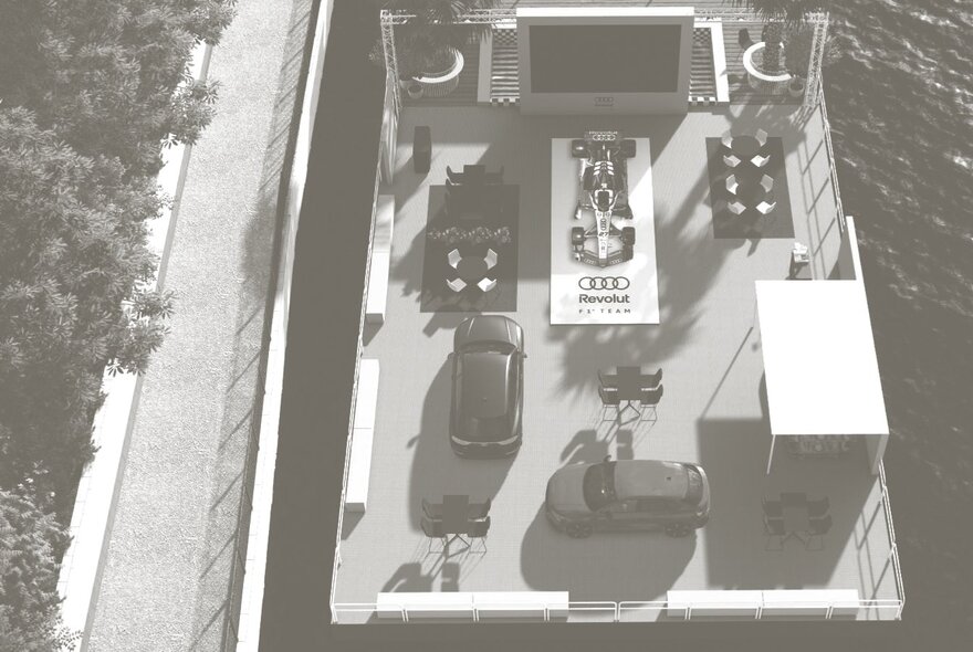 Looking down at the pop-up exhibition and activation by the Audi Revolut F1 Team at Afloat on the Yarra River.
