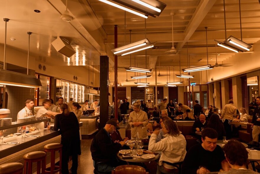 Warmly lit restaurant interior with bench and table seating, open kitchen and overnight strip lights.