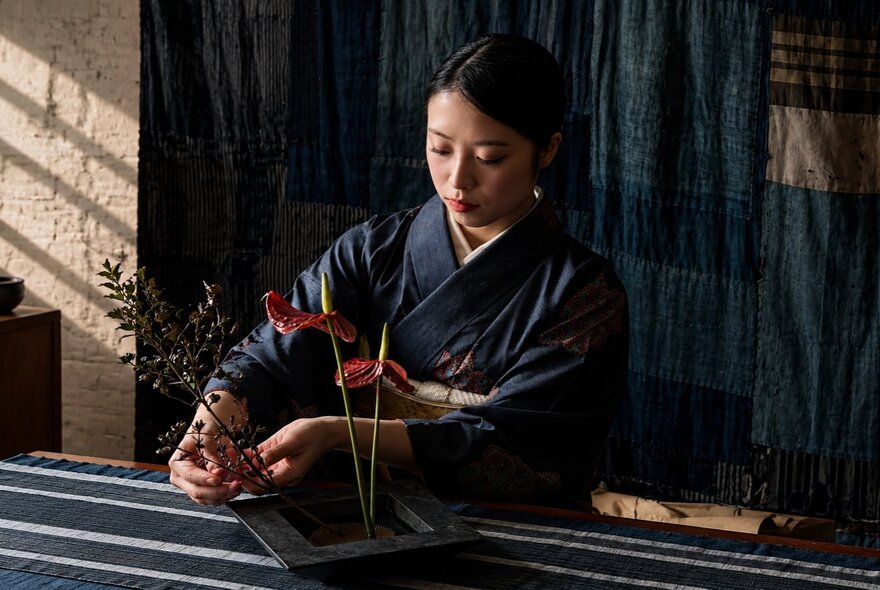 Traditional Japanese flower arrangement, or Ikebana, being created by a young woman wearing a kimono on a table inside a retail or gallery space.