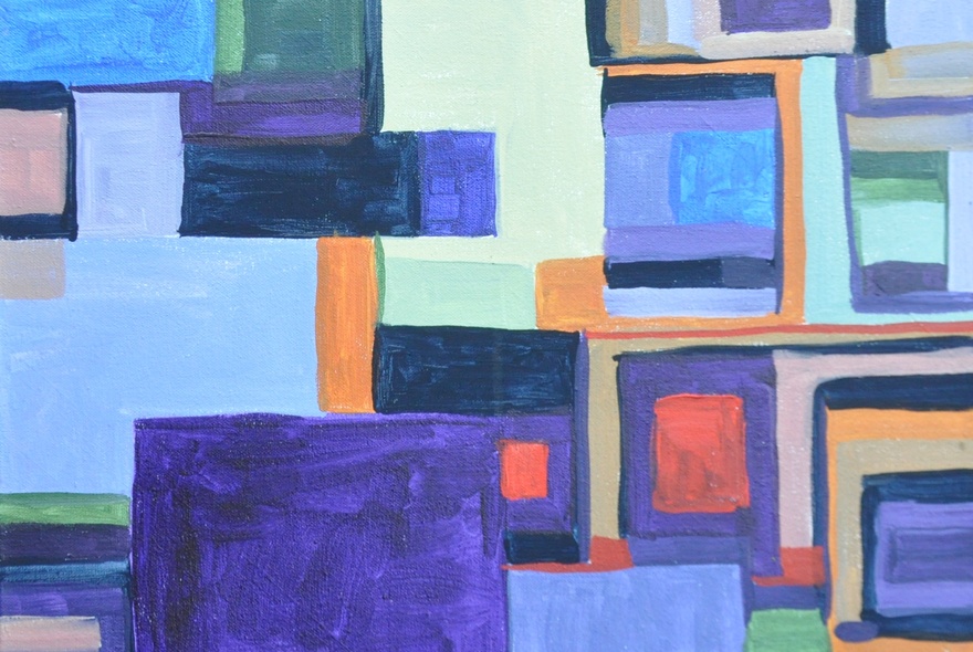 An abstract artwork that is a series of mostly blue, different-sized squares overlayed on top of each other in a seemingly random pattern.