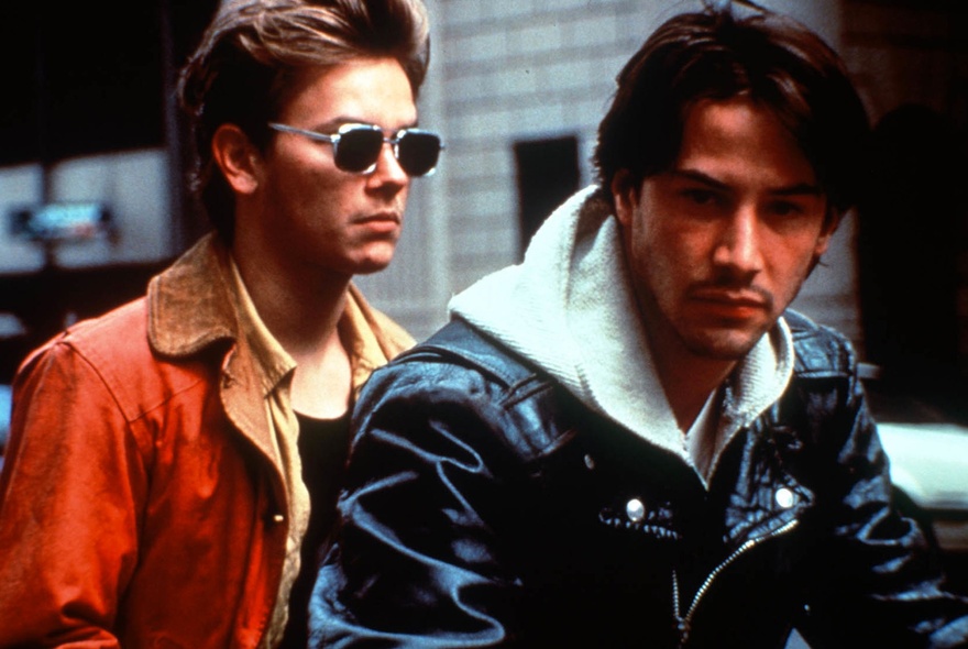 A still from My Own Private Idaho with River Phoenix and Keanu Reeves. 