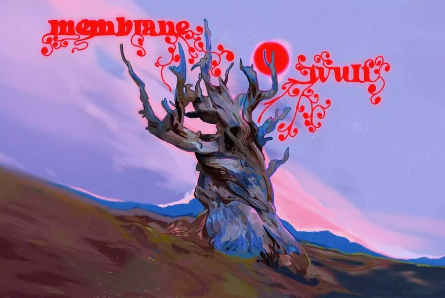 Painting of a gnarled tree trunk in a barren landscape setting, with red words in the sky encircling the tops of the tree's branches.