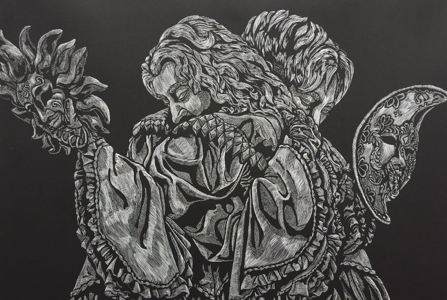 Monotone artwork of two people hugging each other, each holding a theatre face mask in their hands.